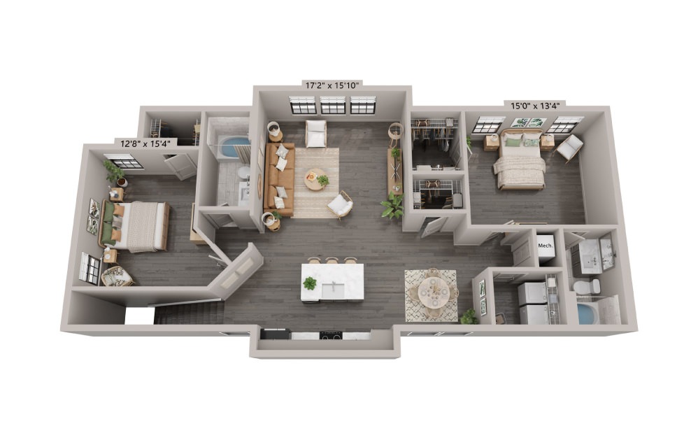 B3 - 2 bedroom floorplan layout with 2 baths and 1174 square feet.