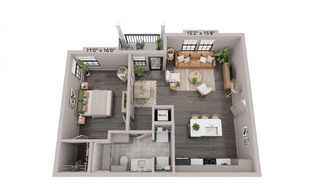 A1 - 1 bedroom floorplan layout with 1 bath and 789 square feet.